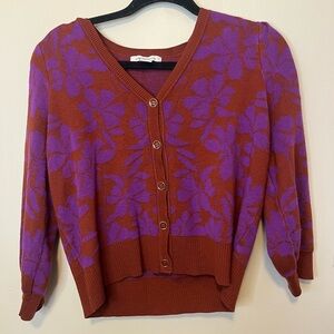 Liz Claiborne Rust & Purple Floral V‑Neck Button Cardigan